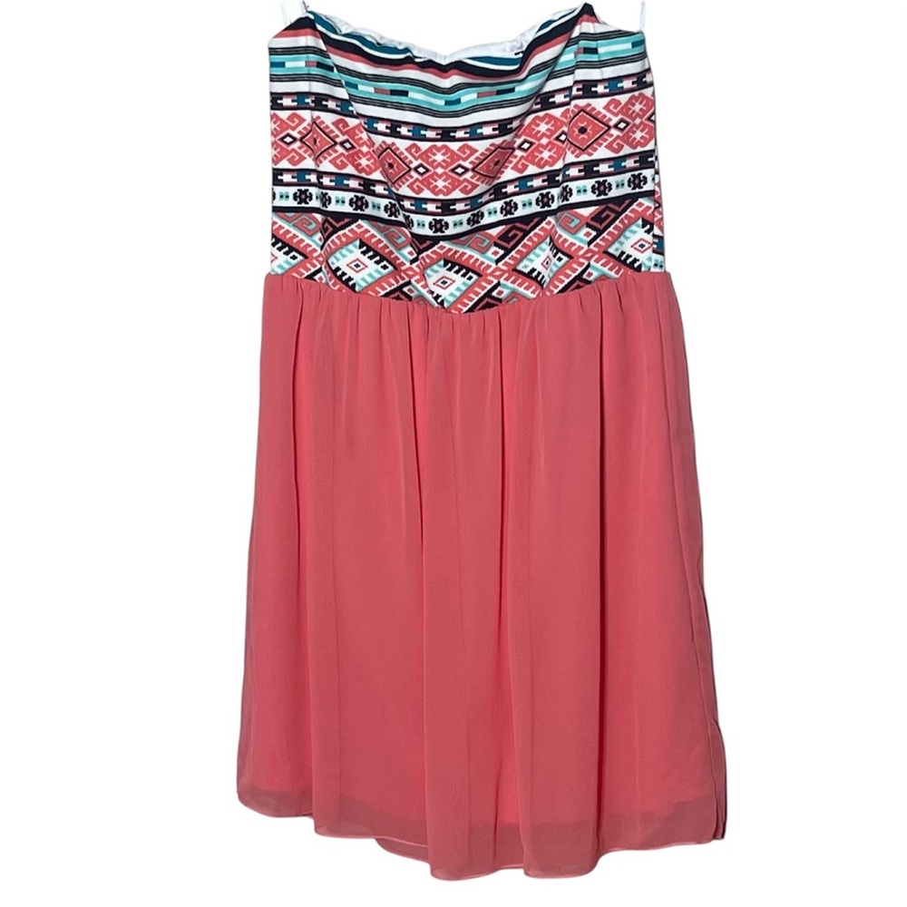 Papaya Coral and Patterned Strapless Dress